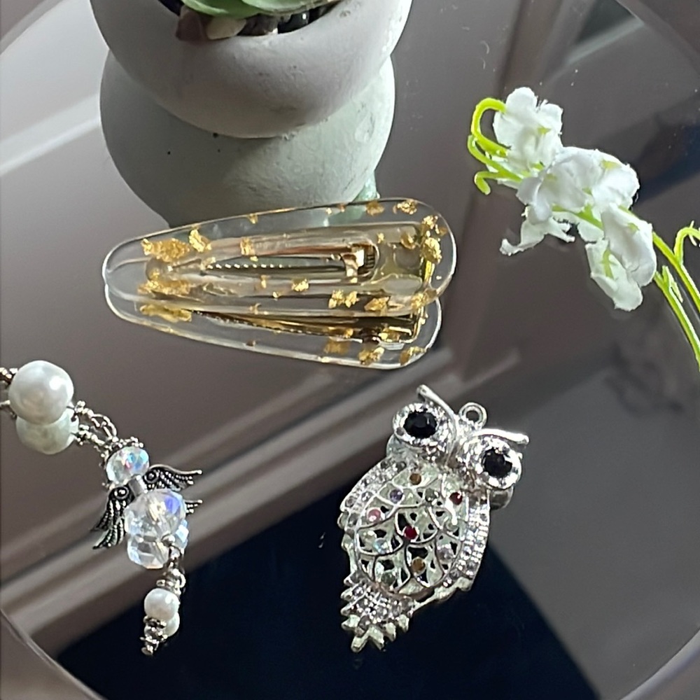 Hair clip with 14k gold flakes, Angle Charm, And an sterling silver owl Pendant